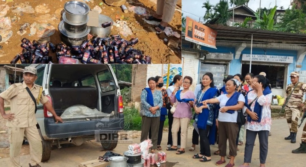 Watsü unit Mangkolemba and police personnel with seized illicit liquor after a surprise inspection of shops and hotels across the town on July 16. (DIPR Photo)
